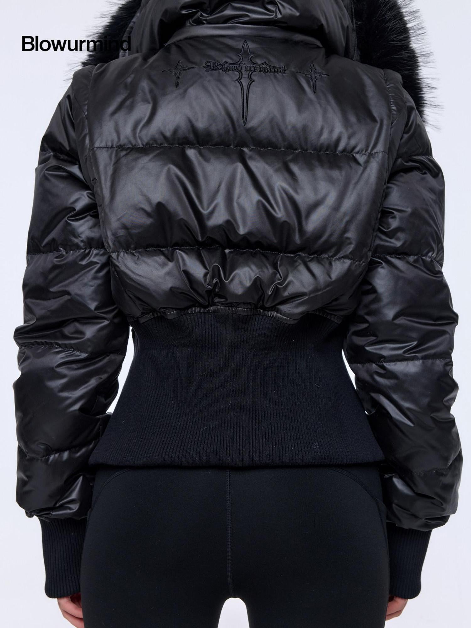 BUM STUDIO Oversized Fur Collar Slim Waist Removable Hood Women's White Duck Down Jackets