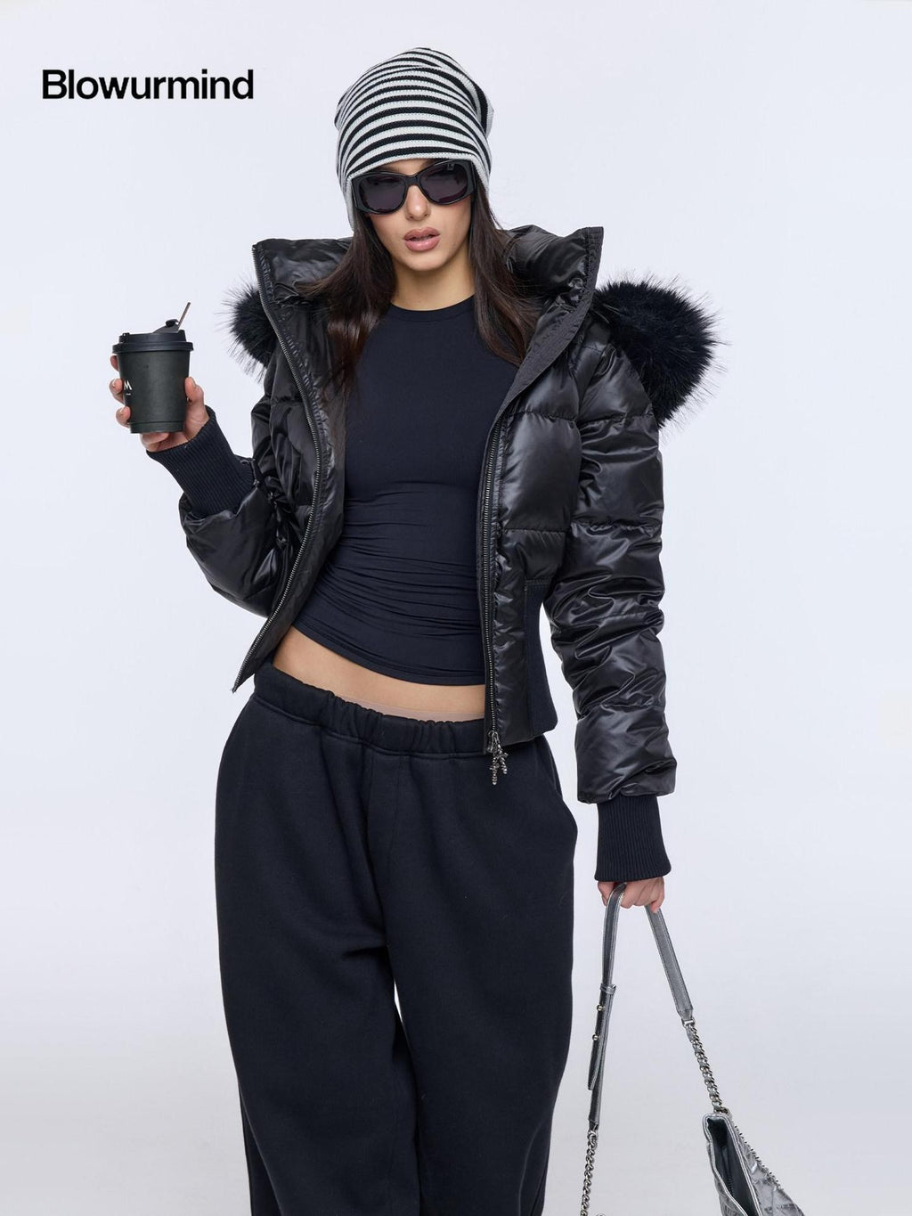 BUM STUDIO Oversized Fur Collar Slim Waist Removable Hood Women's White Duck Down Jackets