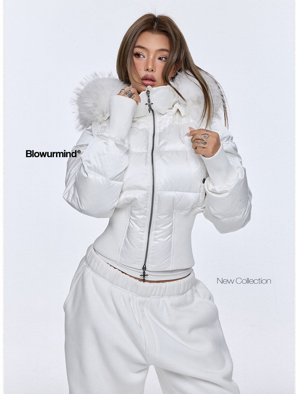 BUM STUDIO Oversized Fur Collar Slim Waist Removable Hood Women's White Duck Down Jackets