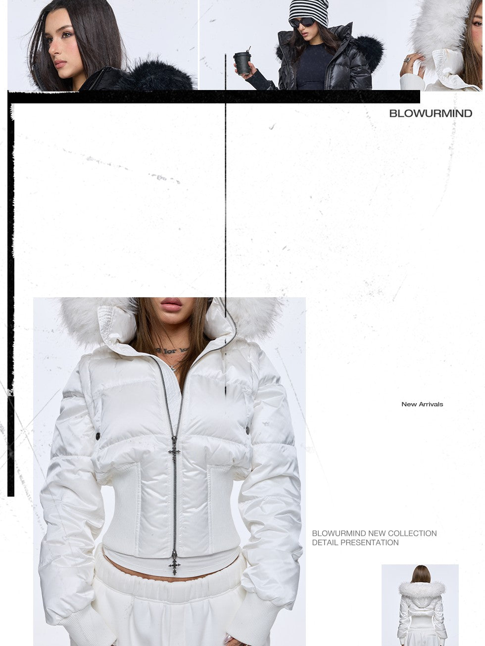 BUM STUDIO Oversized Fur Collar Slim Waist Removable Hood Women's White Duck Down Jackets