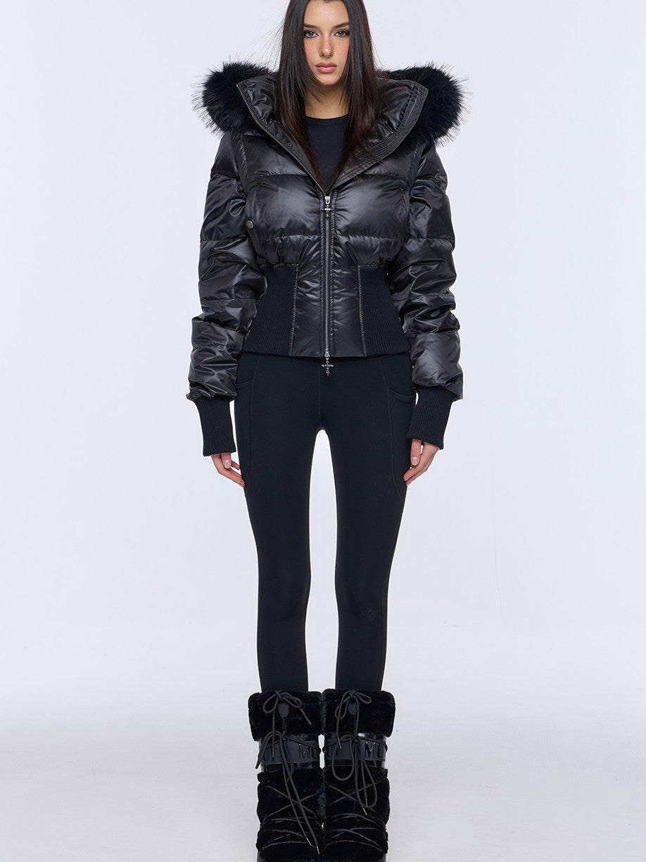 BUM STUDIO Oversized Fur Collar Slim Waist Removable Hood Women's White Duck Down Jackets