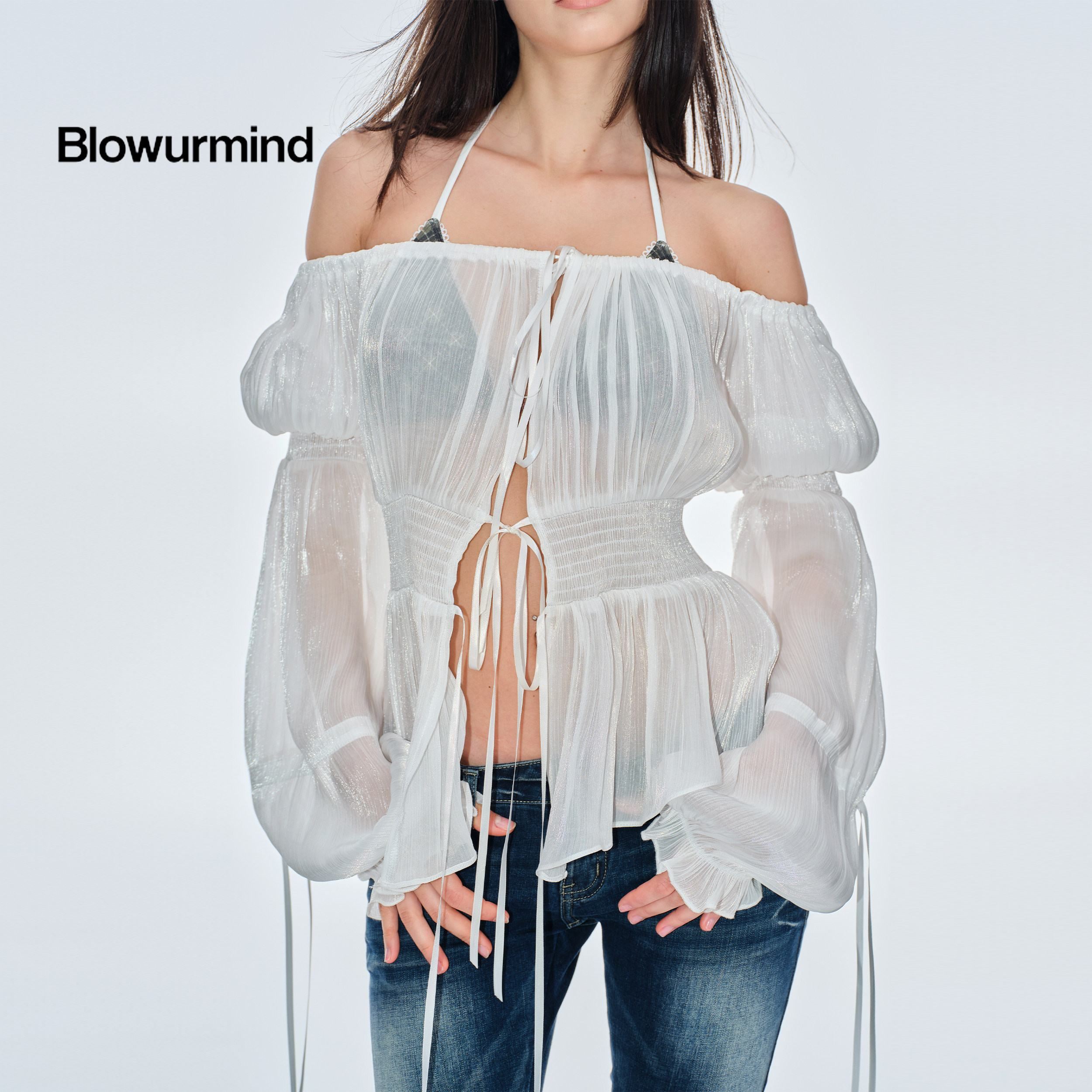 BUM_STUDIO_Pearlescent_Pleated_Tie_Waist_Lantern_Sleeves_Women's_Sheer_Chiffon_Halter_Tops_1033530945986_MISSTT