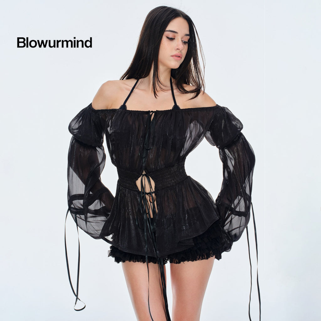BUM_STUDIO_Pearlescent_Pleated_Tie_Waist_Lantern_Sleeves_Women's_Sheer_Chiffon_Halter_Tops_1033530945986_MISSTT