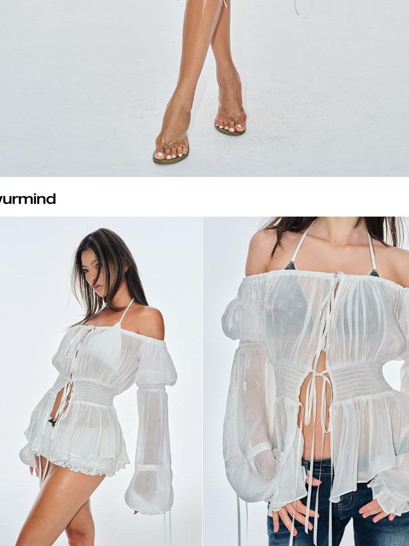 BUM STUDIO Pearlescent Pleated Tie Waist Lantern Sleeves Women's Sheer Chiffon Halter Tops