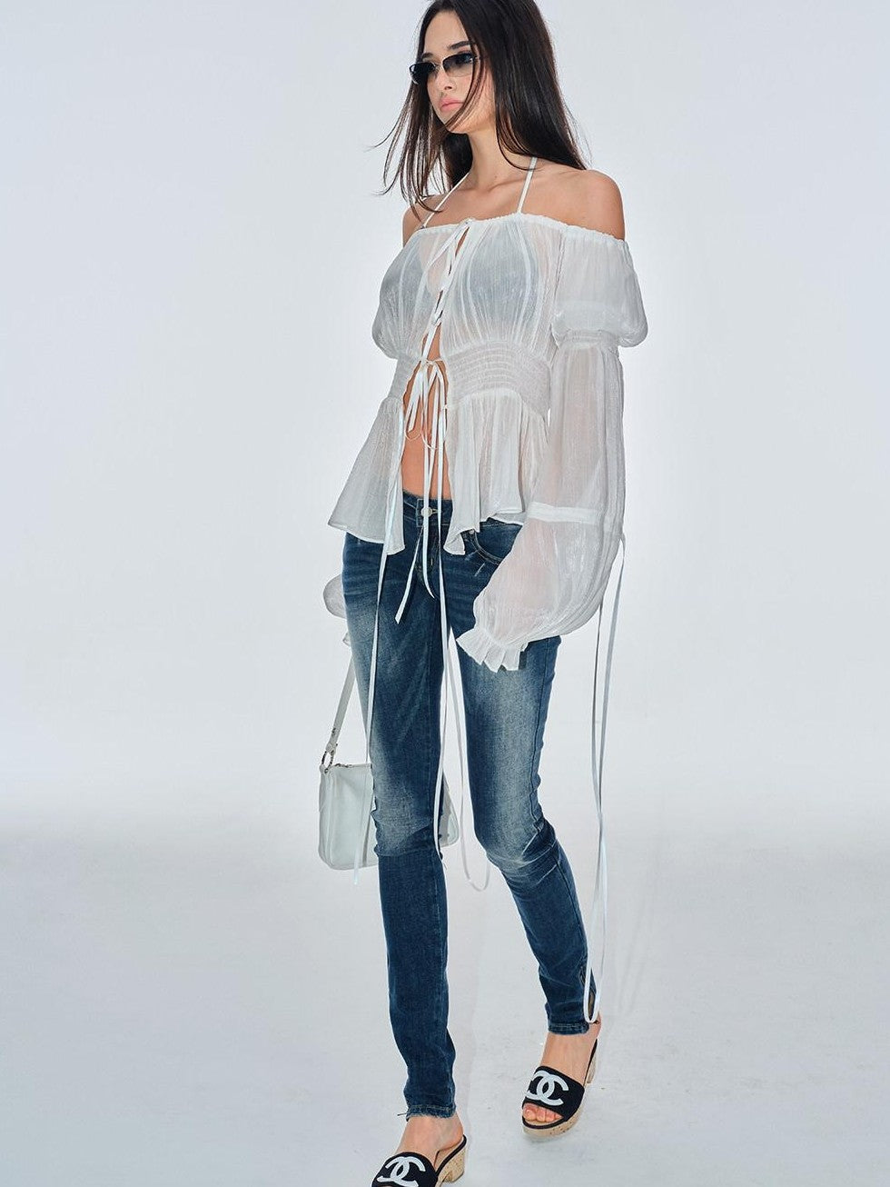 BUM STUDIO Pearlescent Pleated Tie Waist Lantern Sleeves Women's Sheer Chiffon Halter Tops