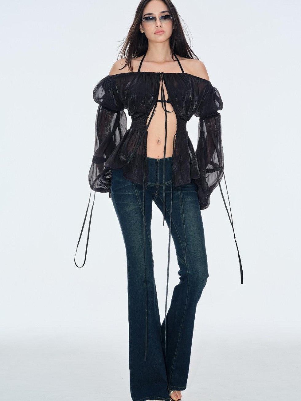 BUM STUDIO Pearlescent Pleated Tie Waist Lantern Sleeves Women's Sheer Chiffon Halter Tops