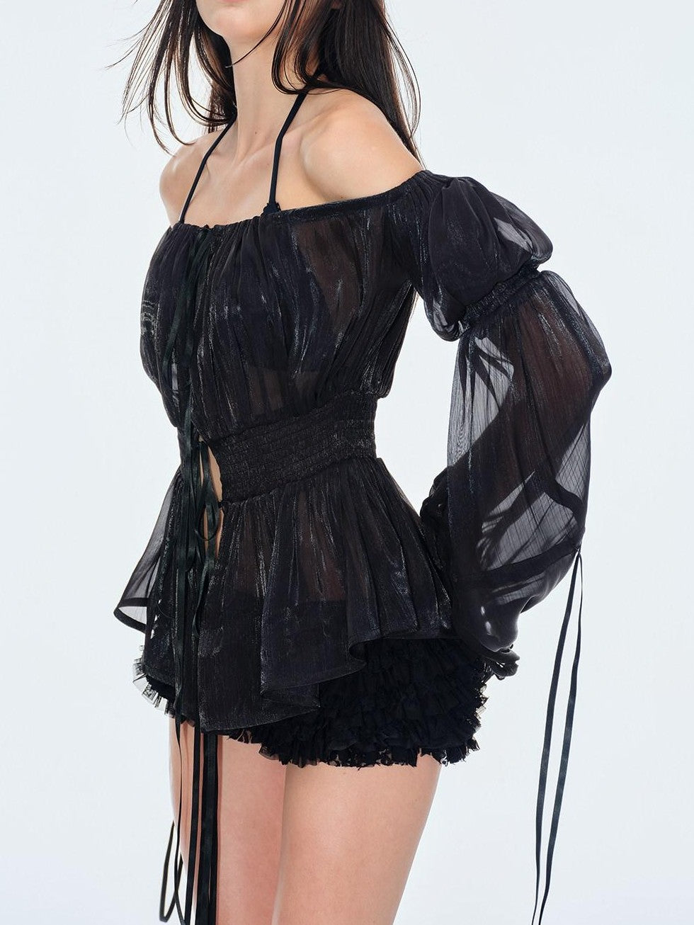 BUM STUDIO Pearlescent Pleated Tie Waist Lantern Sleeves Women's Sheer Chiffon Halter Tops