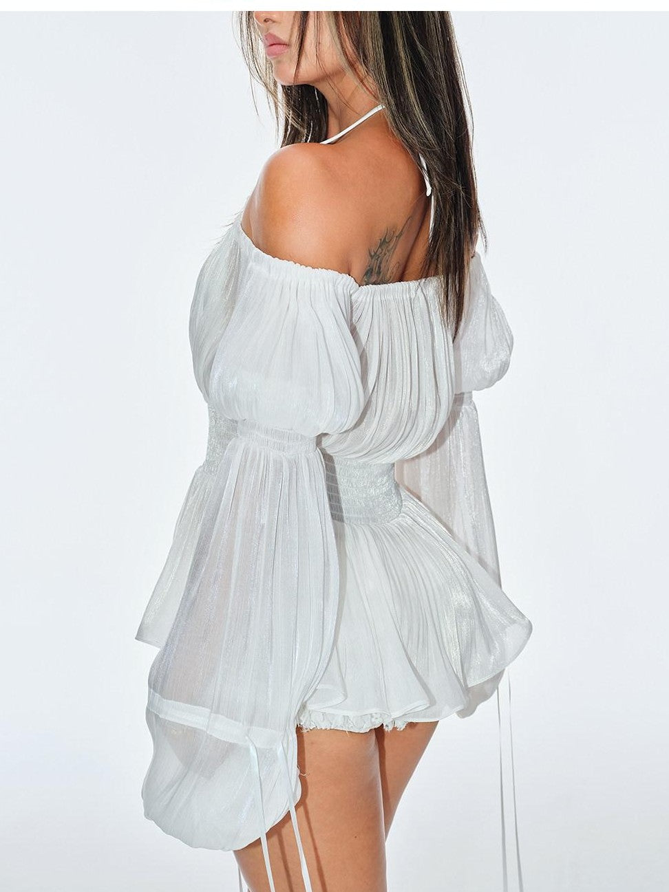 BUM STUDIO Pearlescent Pleated Tie Waist Lantern Sleeves Women's Sheer Chiffon Halter Tops