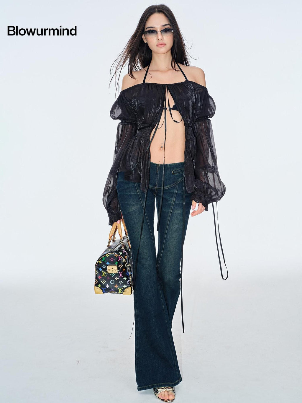 BUM STUDIO Pearlescent Pleated Tie Waist Lantern Sleeves Women's Sheer Chiffon Halter Tops