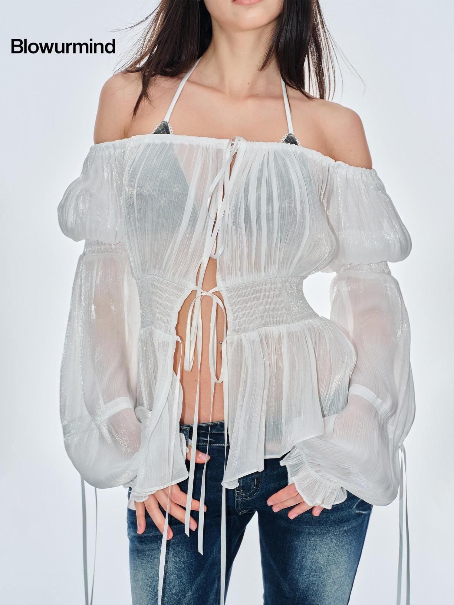 BUM STUDIO Pearlescent Pleated Tie Waist Lantern Sleeves Women's Sheer Chiffon Halter Tops
