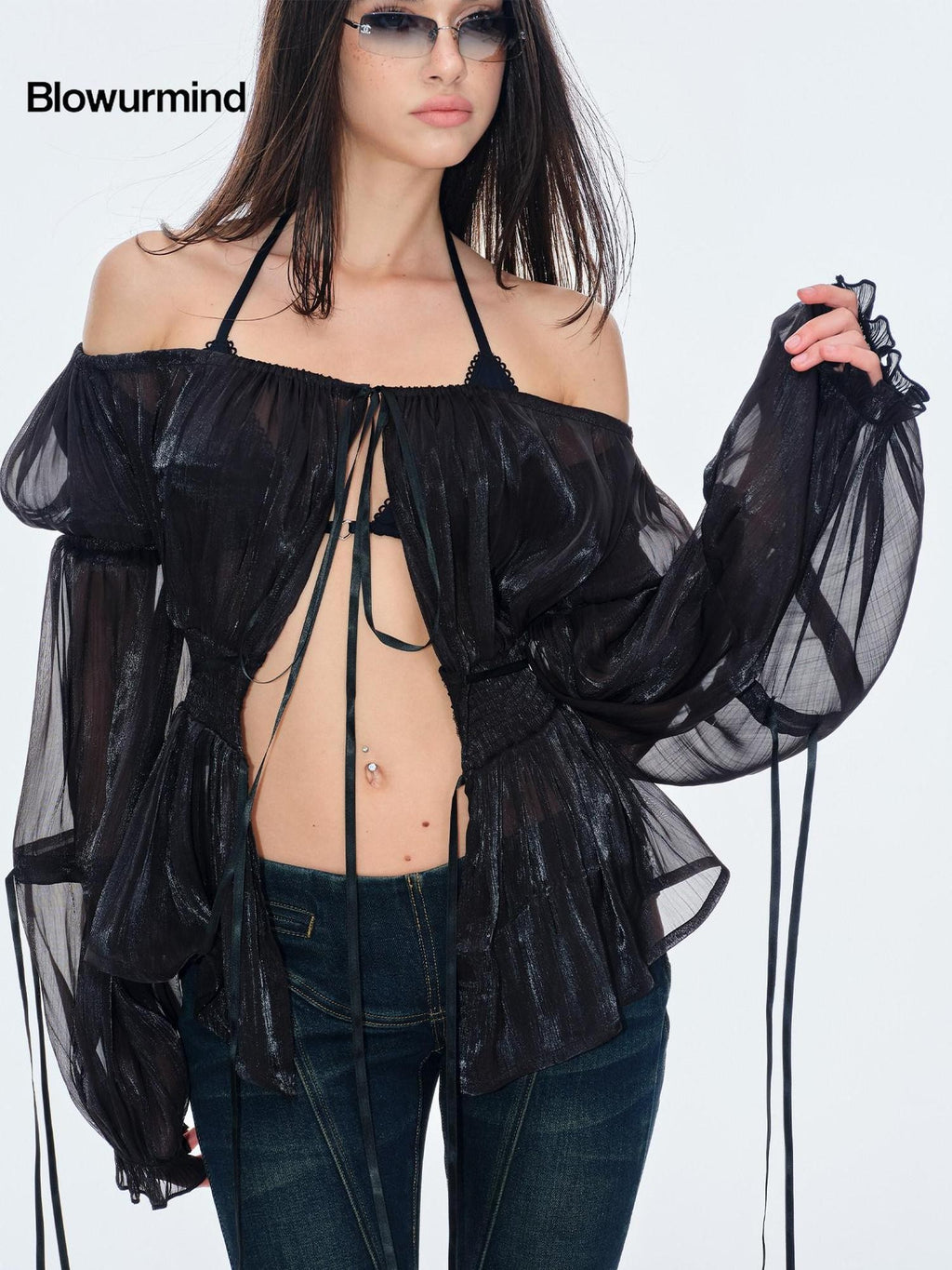 BUM STUDIO Pearlescent Pleated Tie Waist Lantern Sleeves Women's Sheer Chiffon Halter Tops