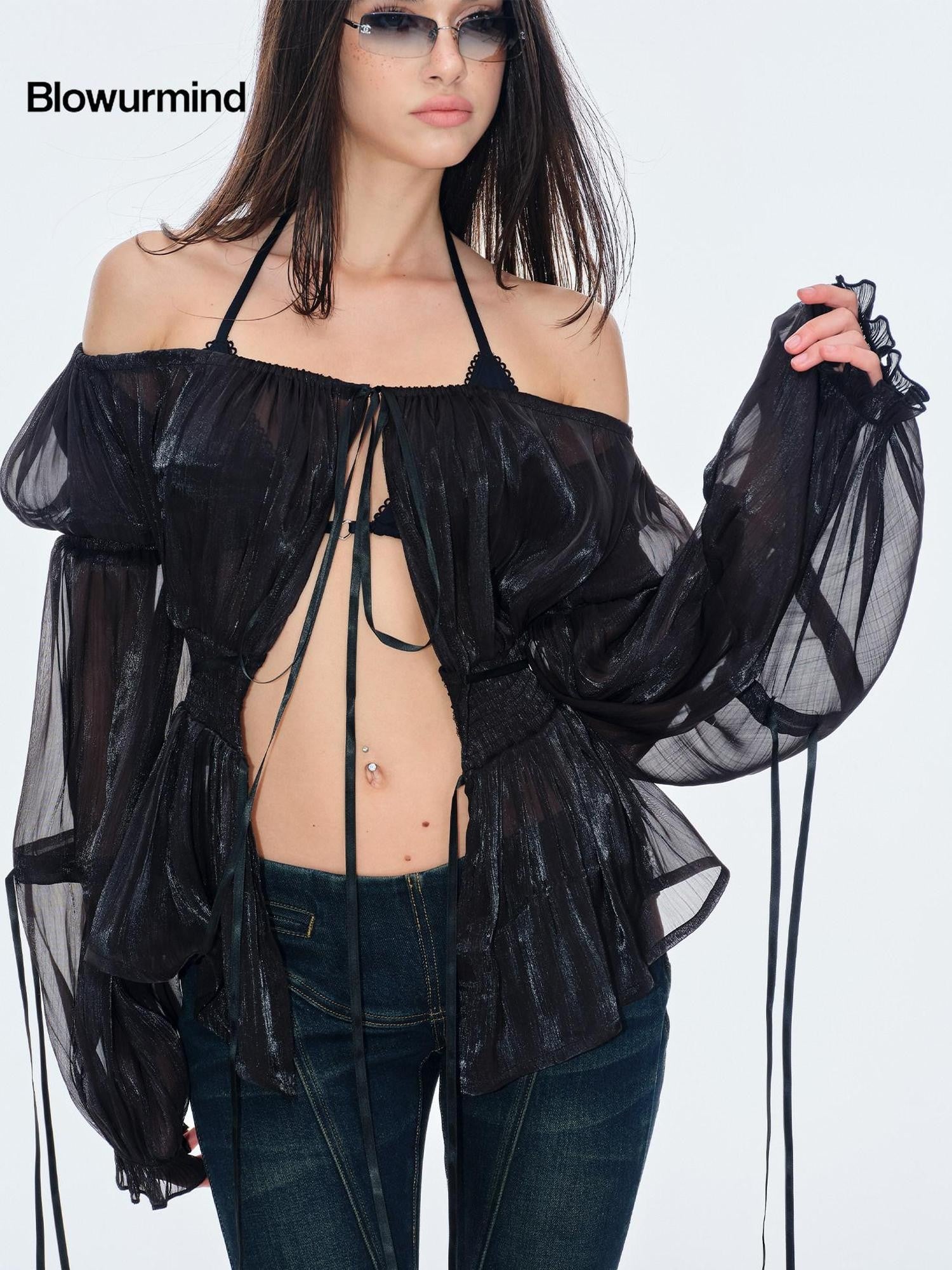 BUM STUDIO Pearlescent Pleated Tie Waist Lantern Sleeves Women's Sheer Chiffon Halter Tops