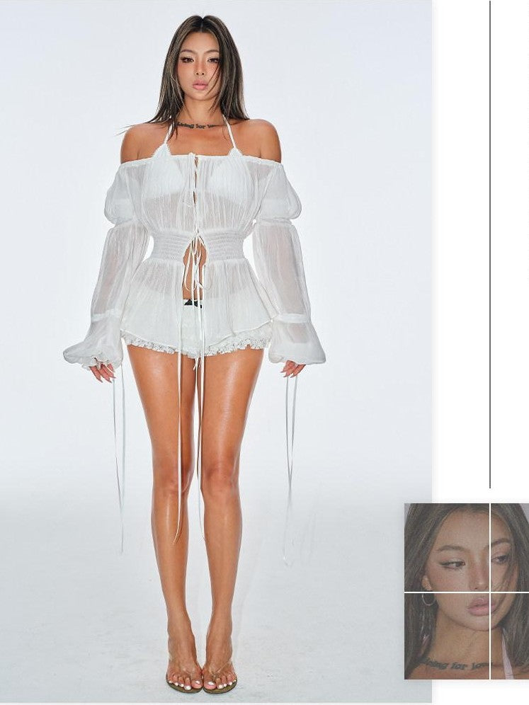 BUM STUDIO Pearlescent Pleated Tie Waist Lantern Sleeves Women's Sheer Chiffon Halter Tops