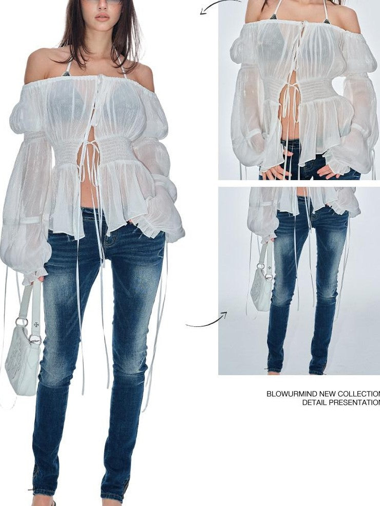 BUM STUDIO Pearlescent Pleated Tie Waist Lantern Sleeves Women's Sheer Chiffon Halter Tops