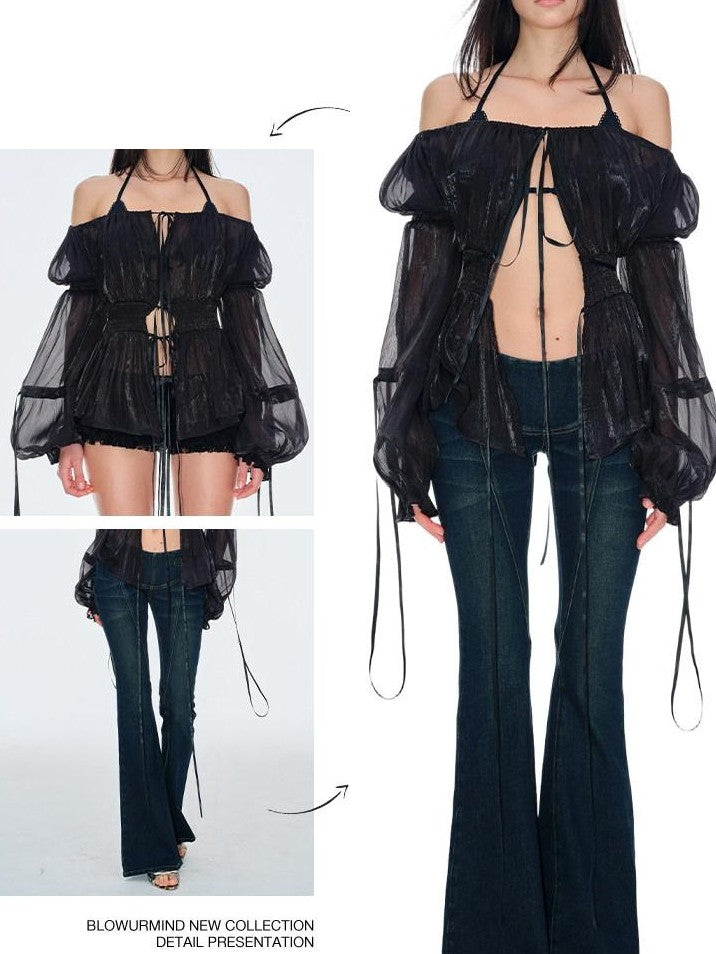 BUM STUDIO Pearlescent Pleated Tie Waist Lantern Sleeves Women's Sheer Chiffon Halter Tops