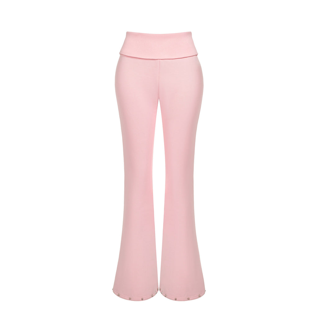 BUM_STUDIO_Pink_Studded_Fold_Over_Cinched_Waist_Flared_Pants_Women's_Cotton_Tracksuit_Sets_971899151178_MISSTT