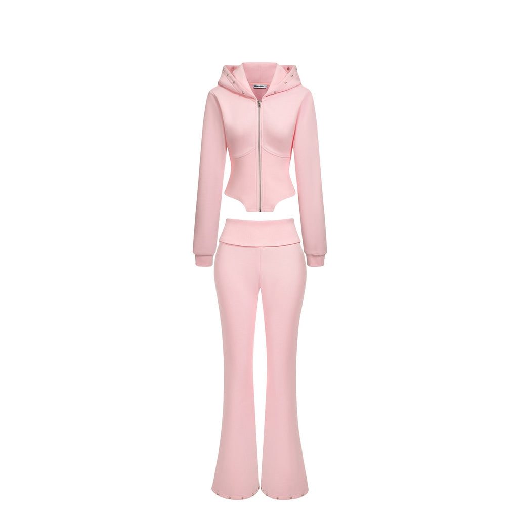 BUM_STUDIO_Pink_Studded_Fold_Over_Cinched_Waist_Flared_Pants_Women's_Cotton_Tracksuit_Sets_971899151178_MISSTT