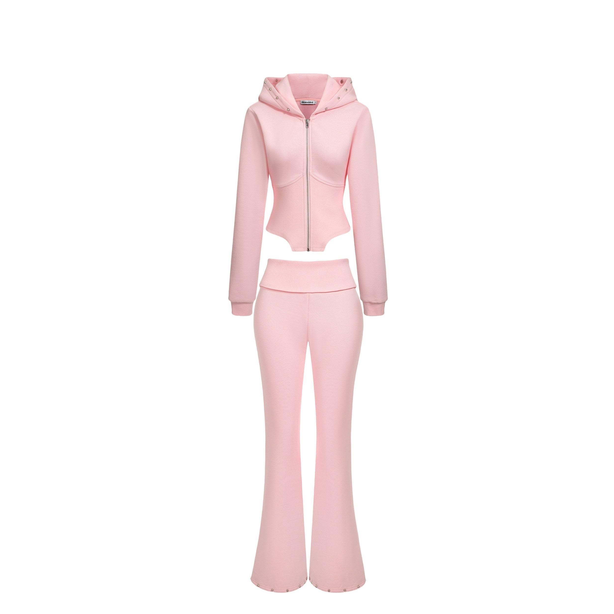 BUM_STUDIO_Pink_Studded_Fold_Over_Cinched_Waist_Flared_Pants_Women's_Cotton_Tracksuit_Sets_971899151178_MISSTT