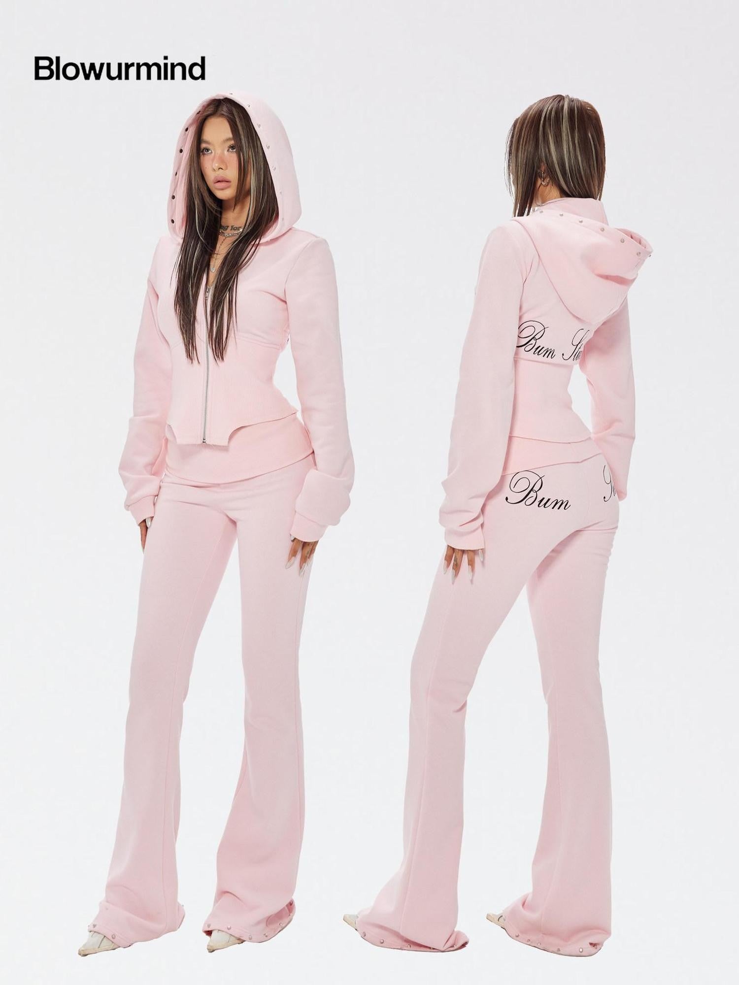 BUM STUDIO Pink Studded Fold Over Cinched Waist Flared Pants Women's Cotton Tracksuit Sets