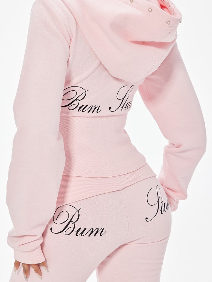 BUM STUDIO Pink Studded Fold Over Cinched Waist Flared Pants Women's Cotton Tracksuit Sets