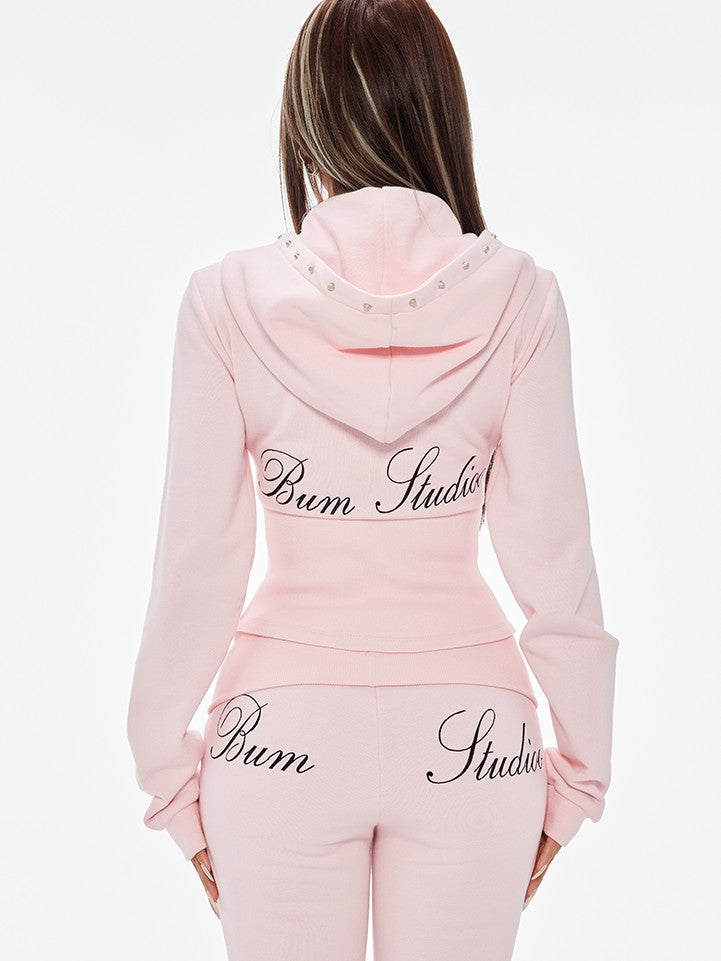 BUM STUDIO Pink Studded Fold Over Cinched Waist Flared Pants Women's Cotton Tracksuit Sets