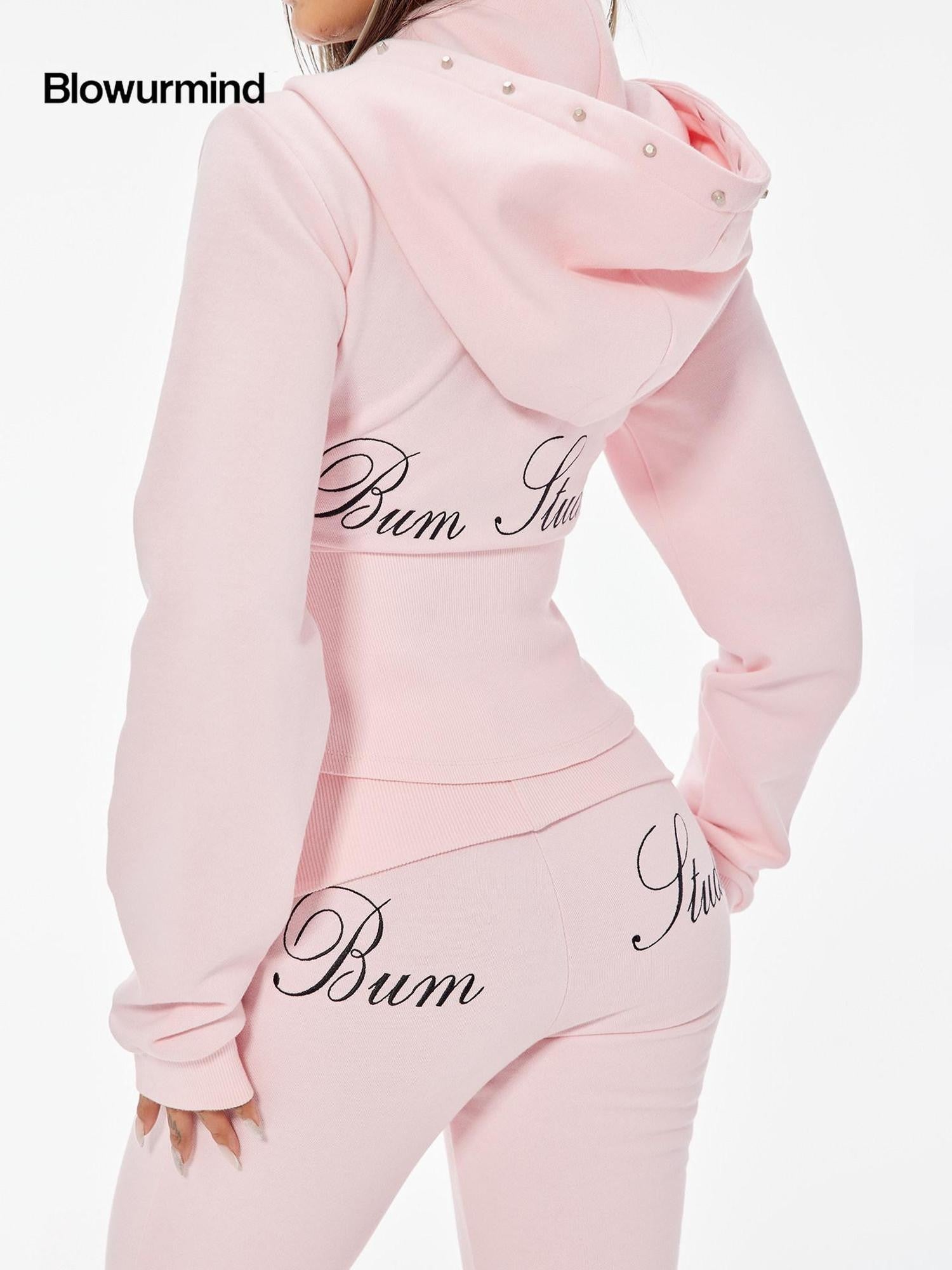 BUM STUDIO Pink Studded Fold Over Cinched Waist Flared Pants Women's Cotton Tracksuit Sets