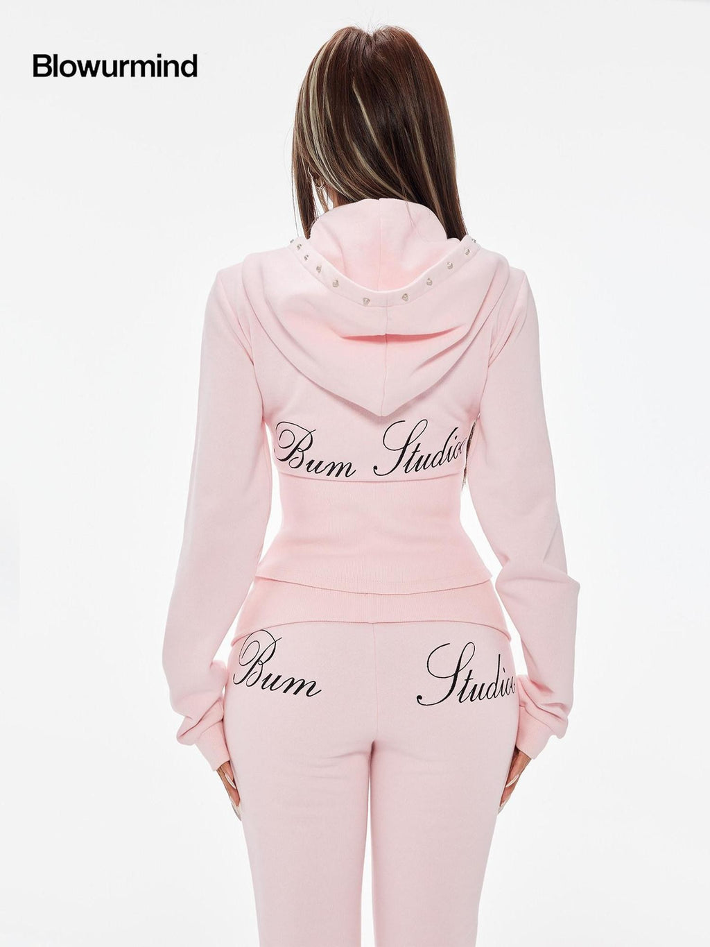 BUM STUDIO Pink Studded Fold Over Cinched Waist Flared Pants Women's Cotton Tracksuit Sets