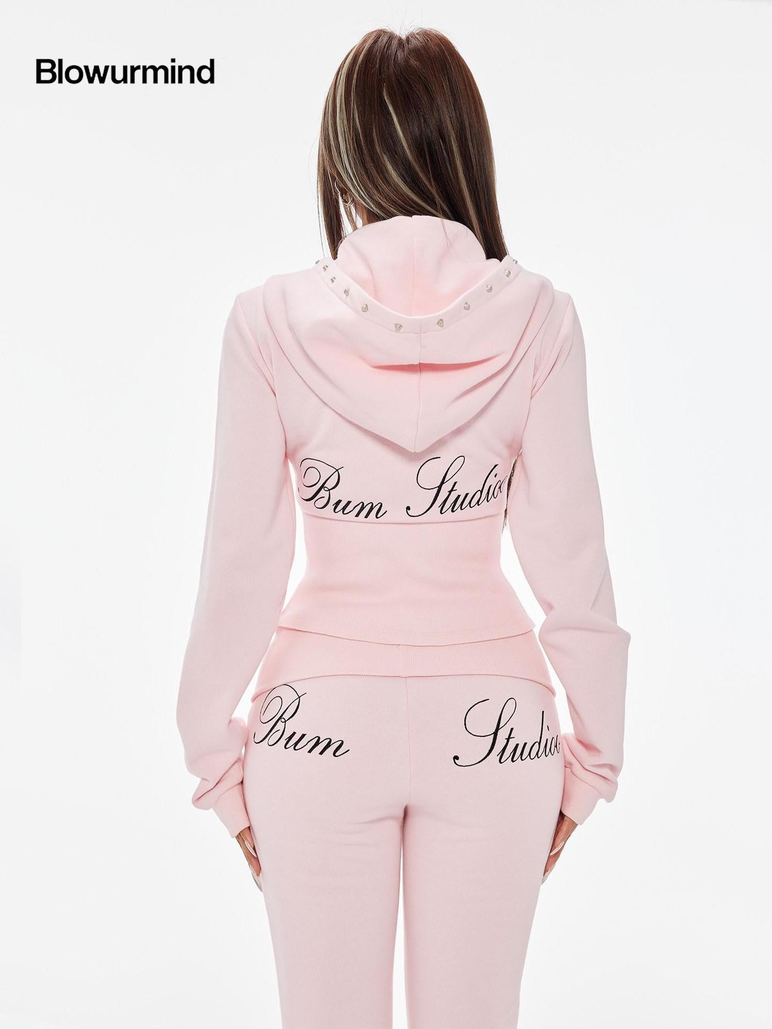BUM STUDIO Pink Studded Fold Over Cinched Waist Flared Pants Women's Cotton Tracksuit Sets
