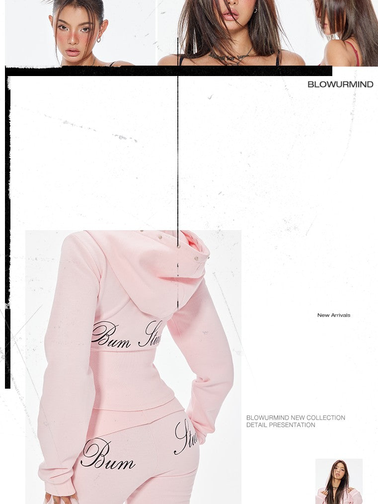 BUM STUDIO Pink Studded Fold Over Cinched Waist Flared Pants Women's Cotton Tracksuit Sets