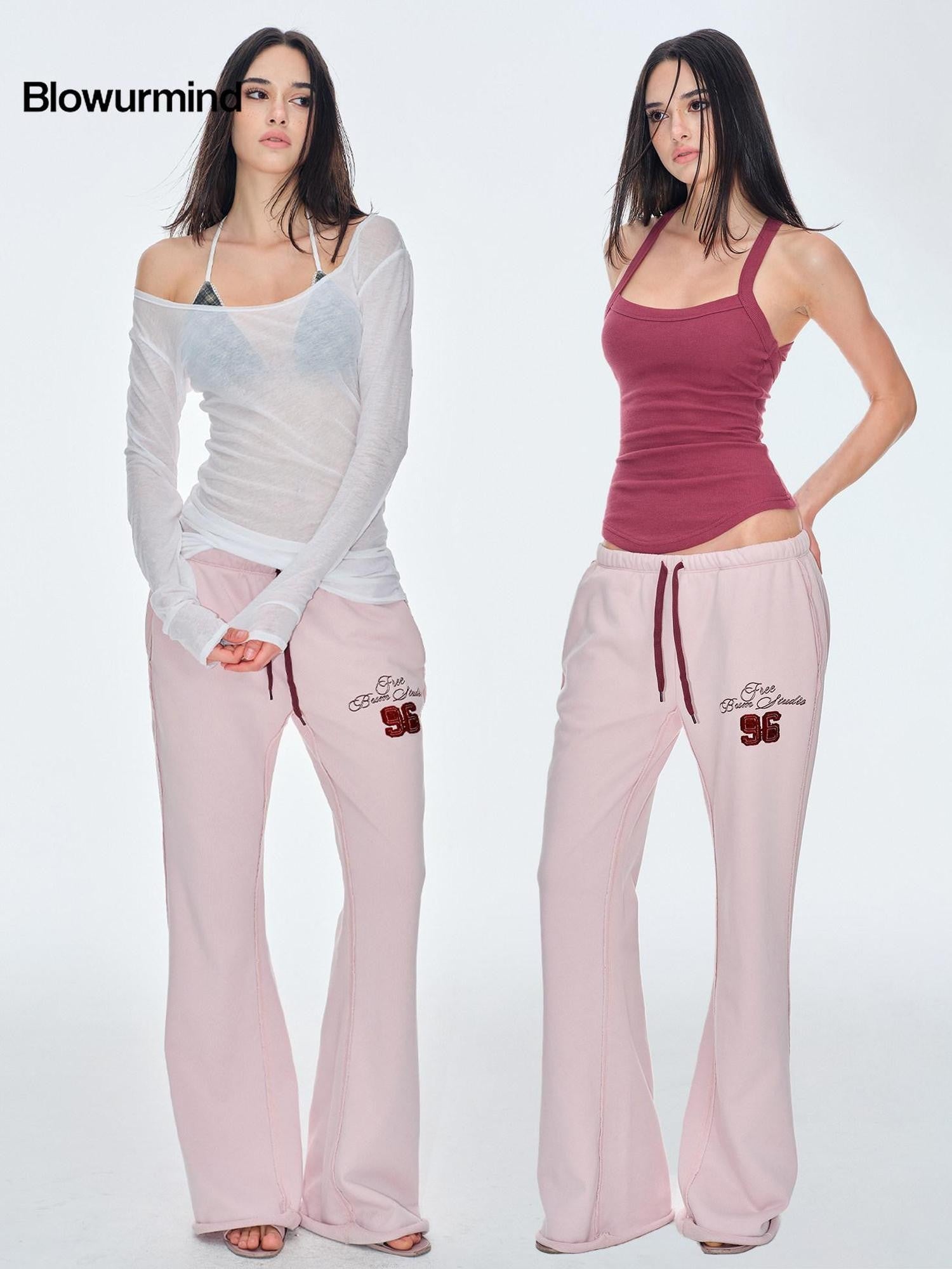 BUM STUDIO Pink Vintage Applique Embroidery Low Rise Women's Polyester Flare Pants