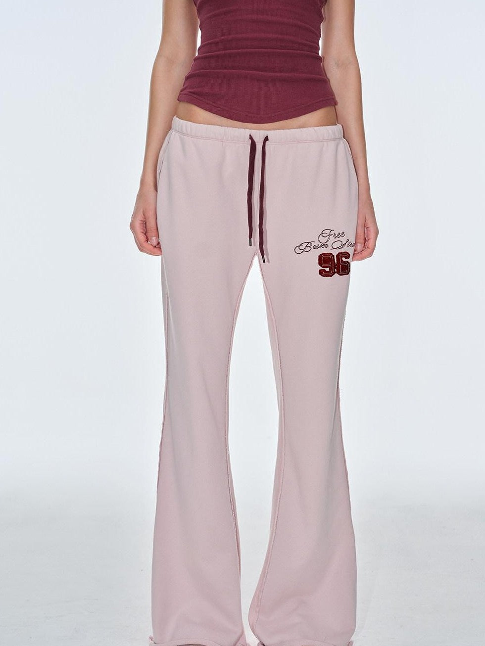 BUM STUDIO Pink Vintage Applique Embroidery Low Rise Women's Polyester Flare Pants