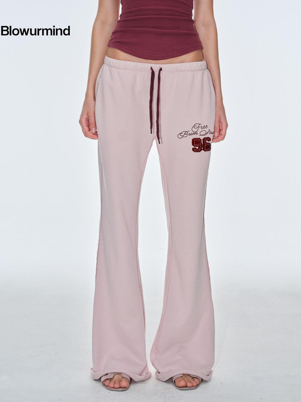 BUM STUDIO Pink Vintage Applique Embroidery Low Rise Women's Polyester Flare Pants