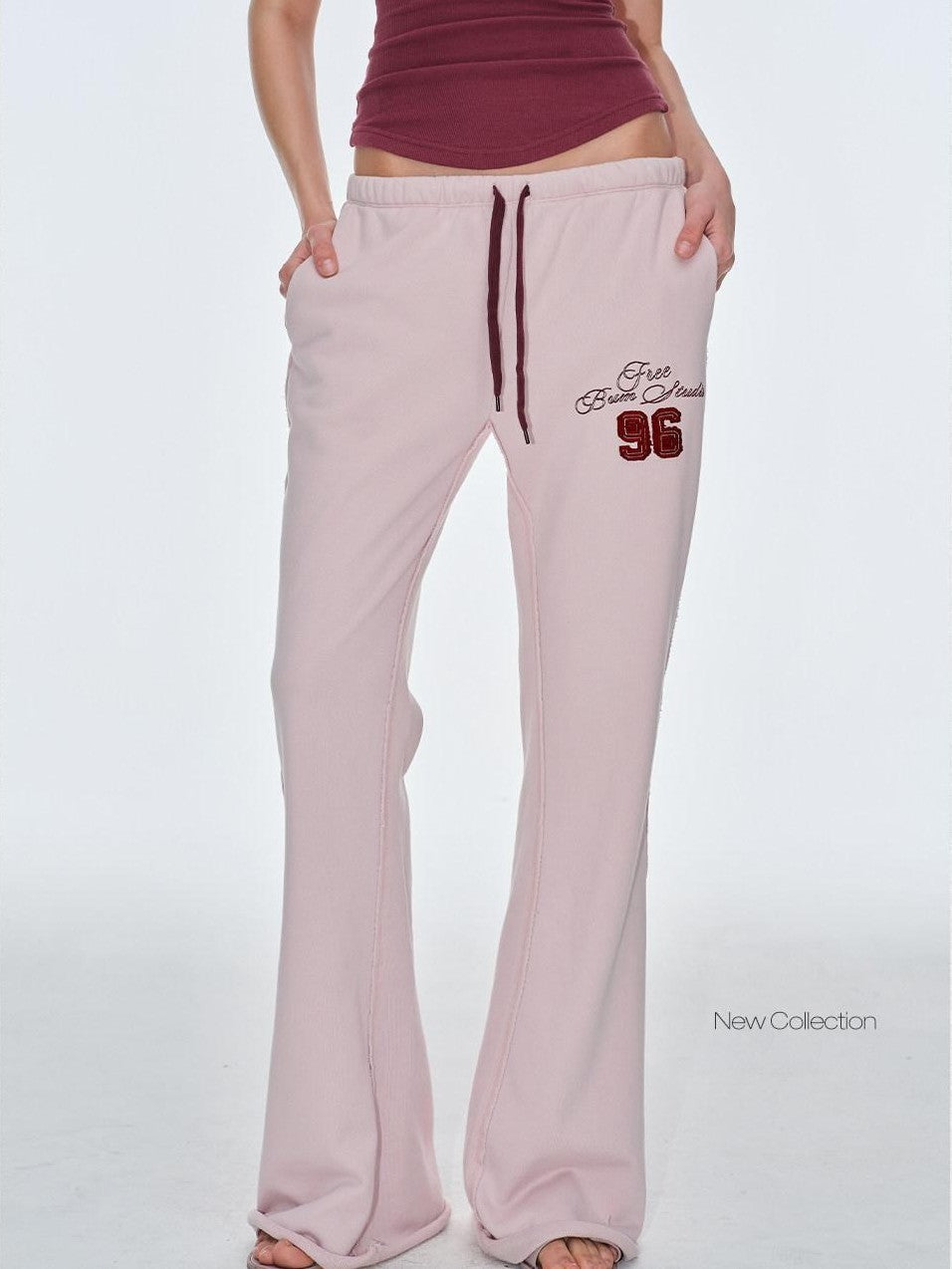 BUM STUDIO Pink Vintage Applique Embroidery Low Rise Women's Polyester Flare Pants