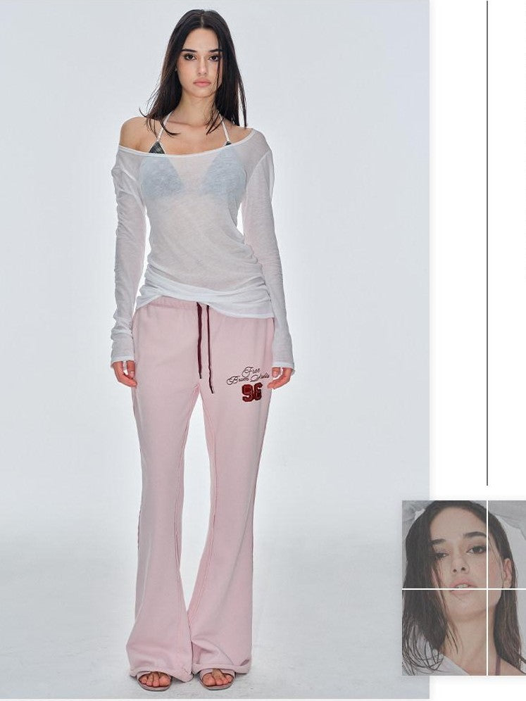 BUM STUDIO Pink Vintage Applique Embroidery Low Rise Women's Polyester Flare Pants