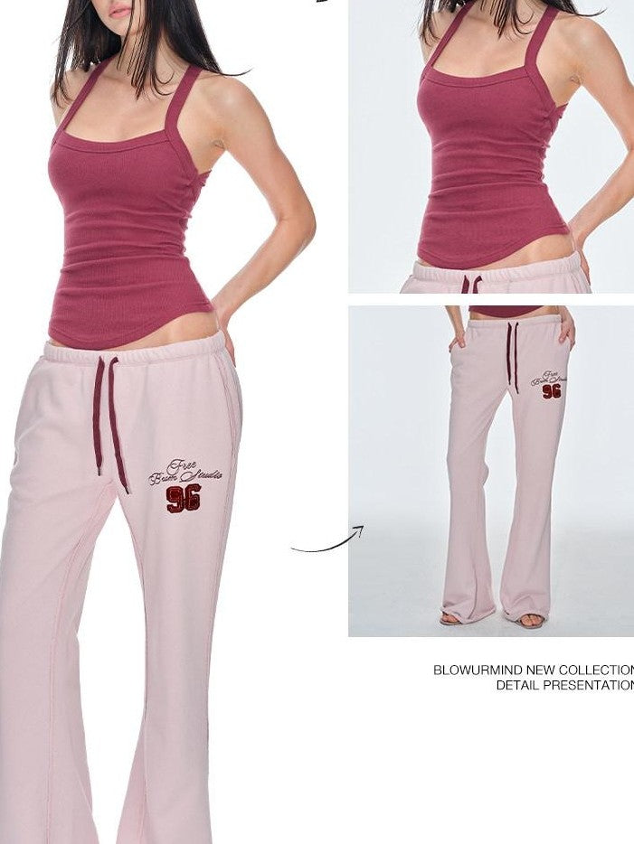 BUM STUDIO Pink Vintage Applique Embroidery Low Rise Women's Polyester Flare Pants