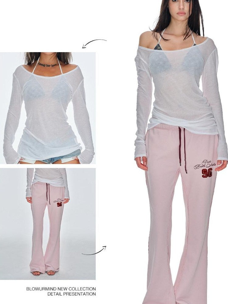 BUM STUDIO Pink Vintage Applique Embroidery Low Rise Women's Polyester Flare Pants