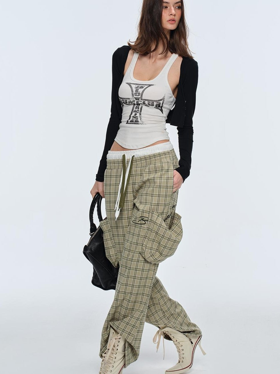BUM STUDIO Plaid Loose Cuffable Low Rise Polyester Women's Flare Pants