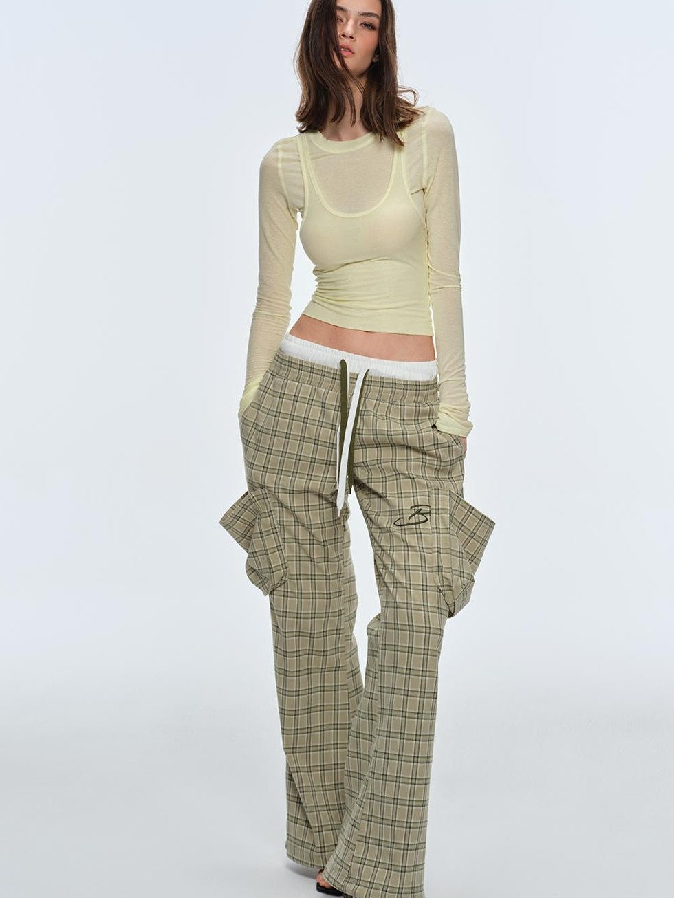 BUM STUDIO Plaid Loose Cuffable Low Rise Polyester Women's Flare Pants