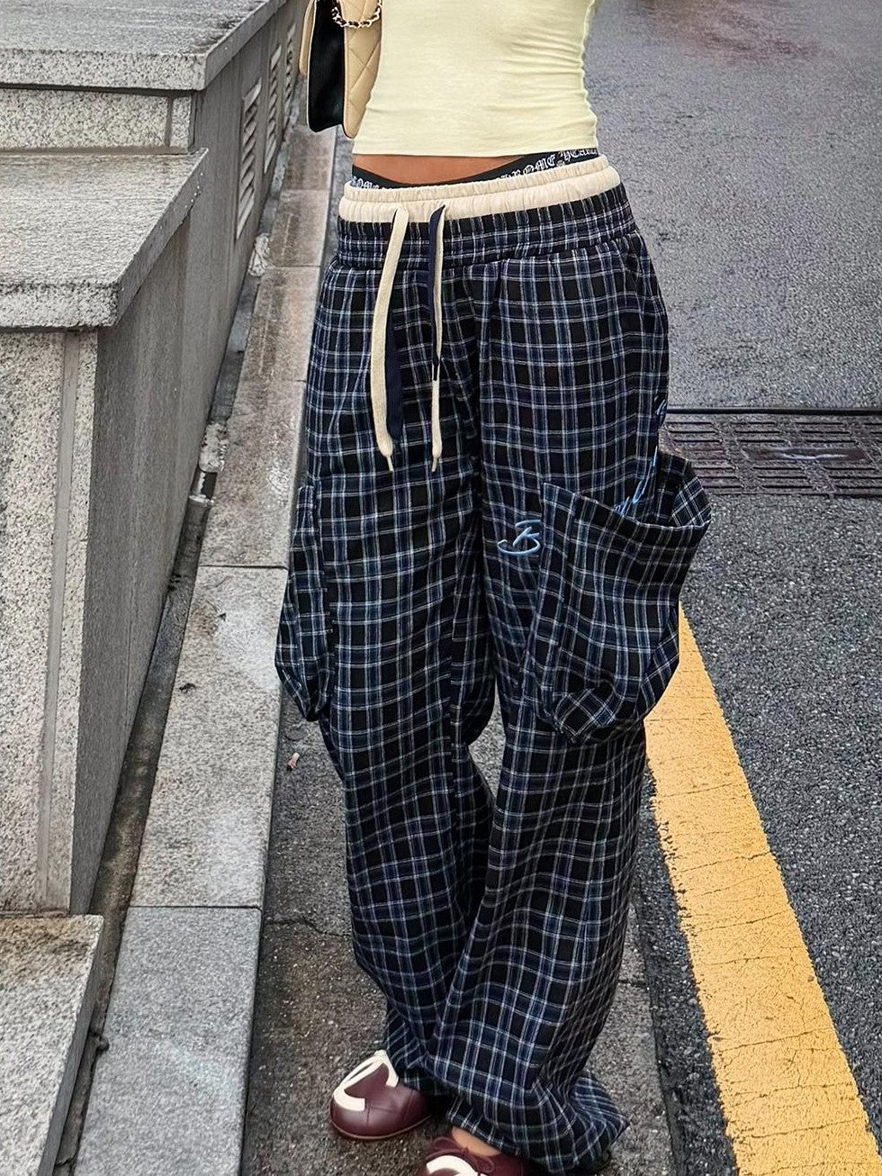 BUM STUDIO Plaid Loose Cuffable Low Rise Polyester Women's Flare Pants