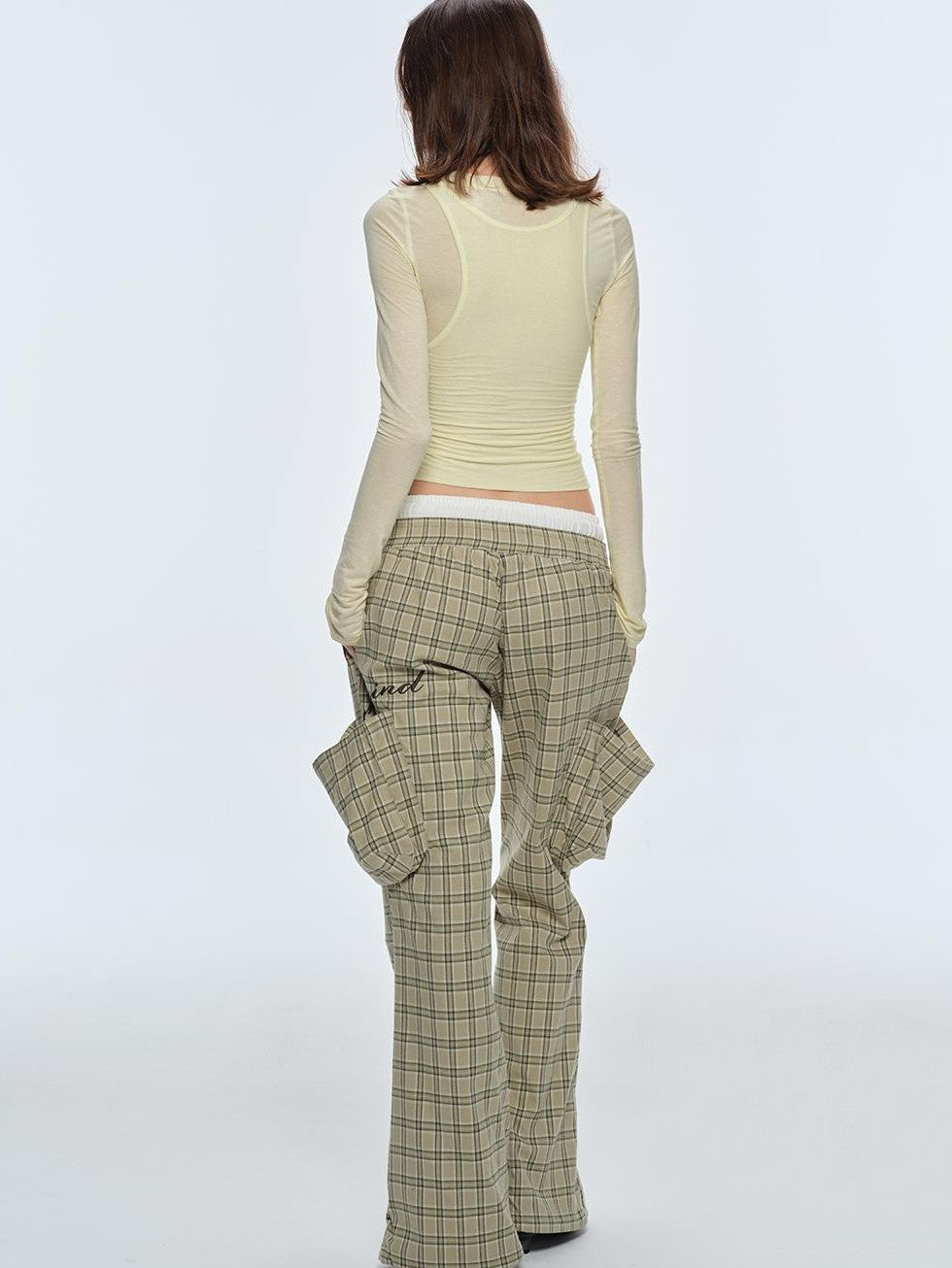 BUM STUDIO Plaid Loose Cuffable Low Rise Polyester Women's Flare Pants