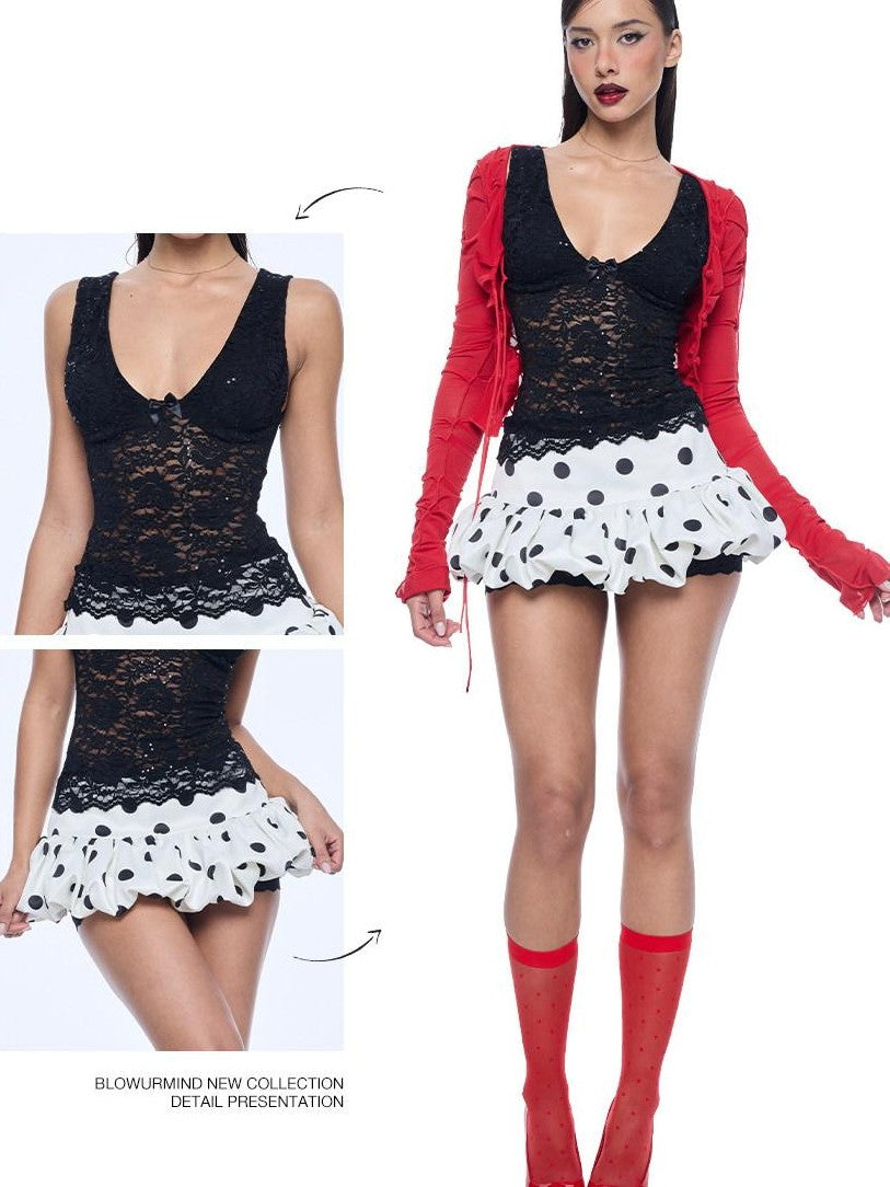 BUM STUDIO Polka Dot Pleated Tie Front Sheer Mesh Women's Nylon Stretch Cardigans