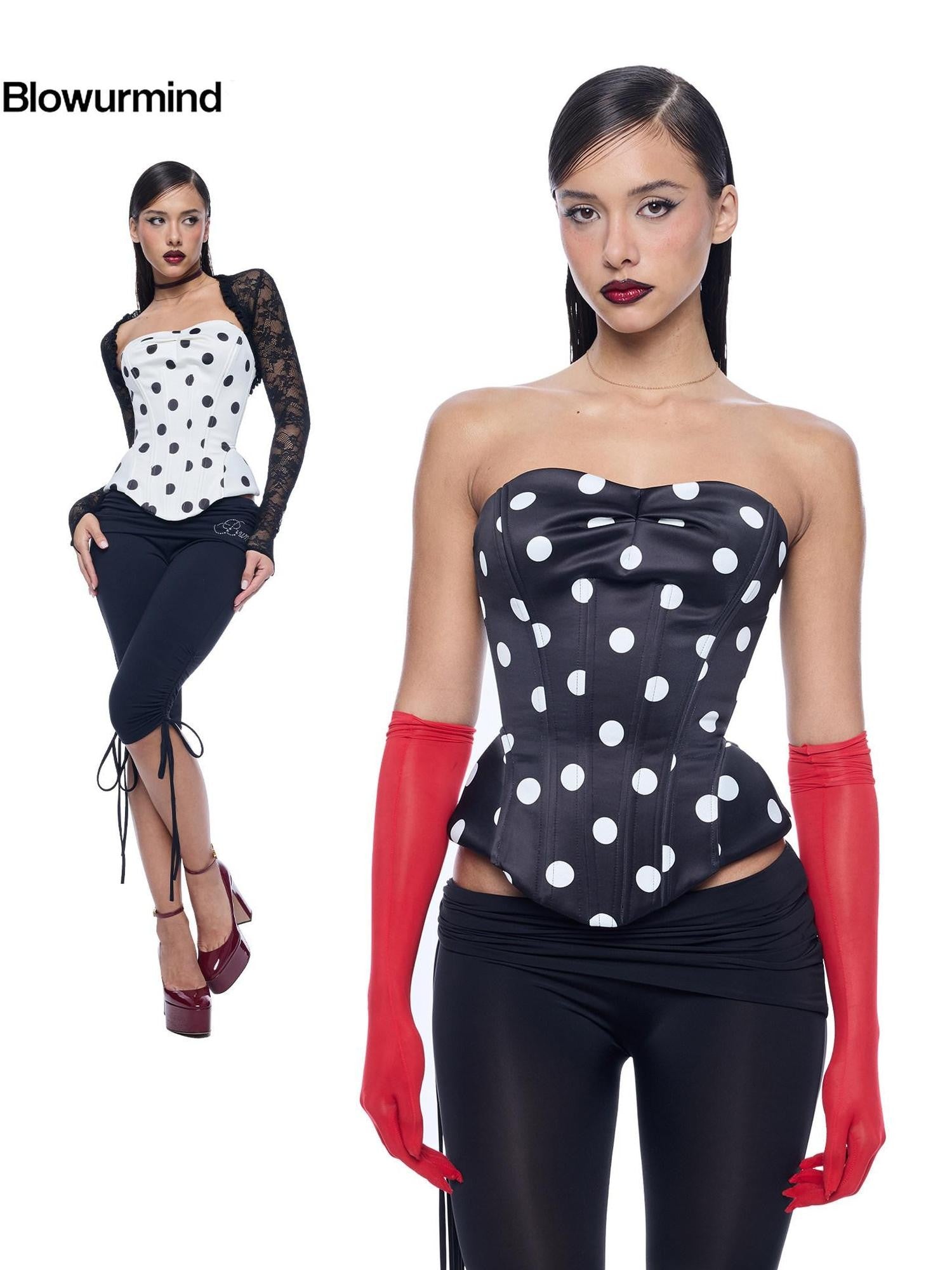 BUM STUDIO Polka Dot Three Layer Shaping Boned Corset Women's Nylon Lace Tube Tops