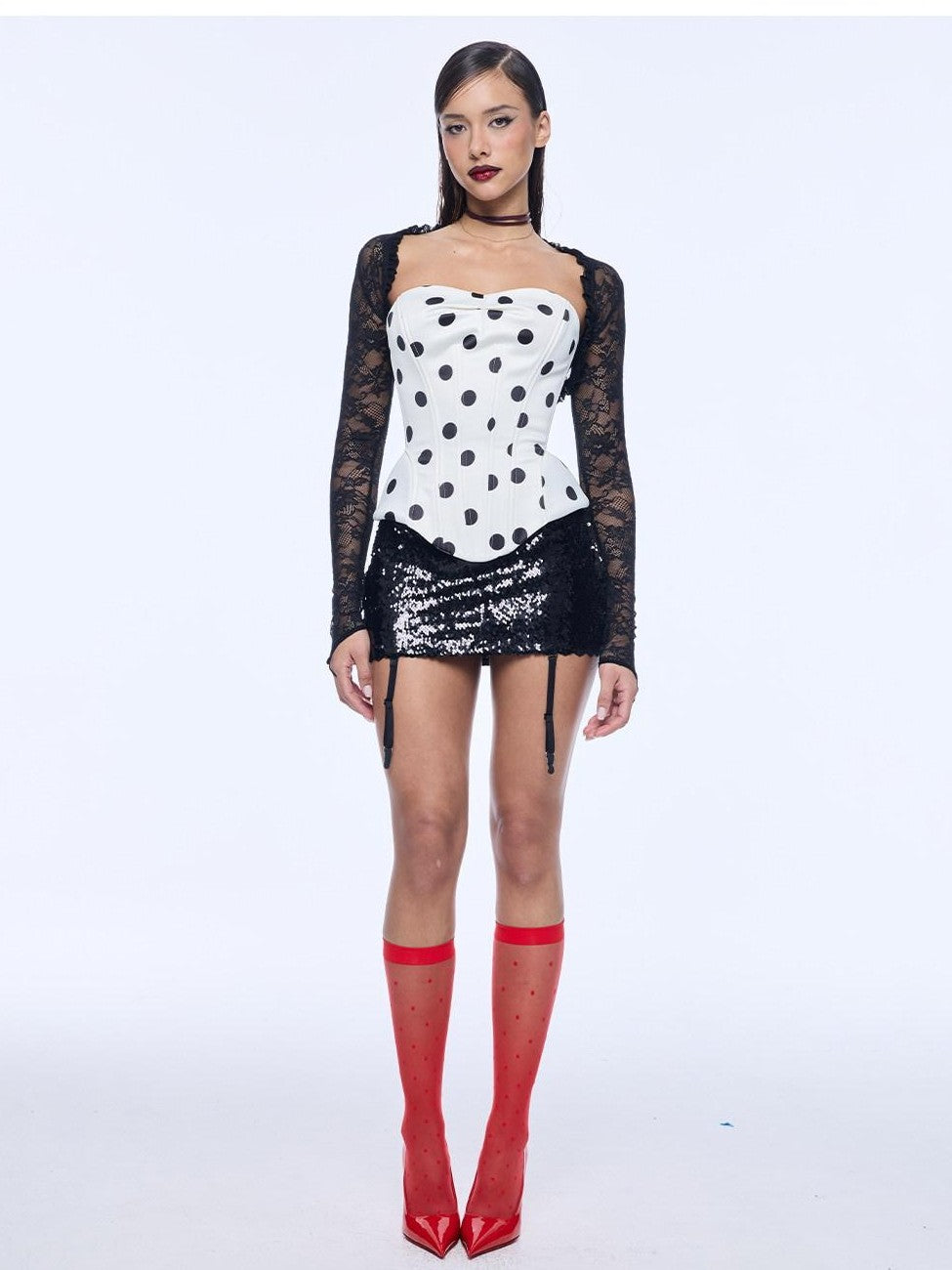 BUM STUDIO Polka Dot Three Layer Shaping Boned Corset Women's Nylon Lace Tube Tops