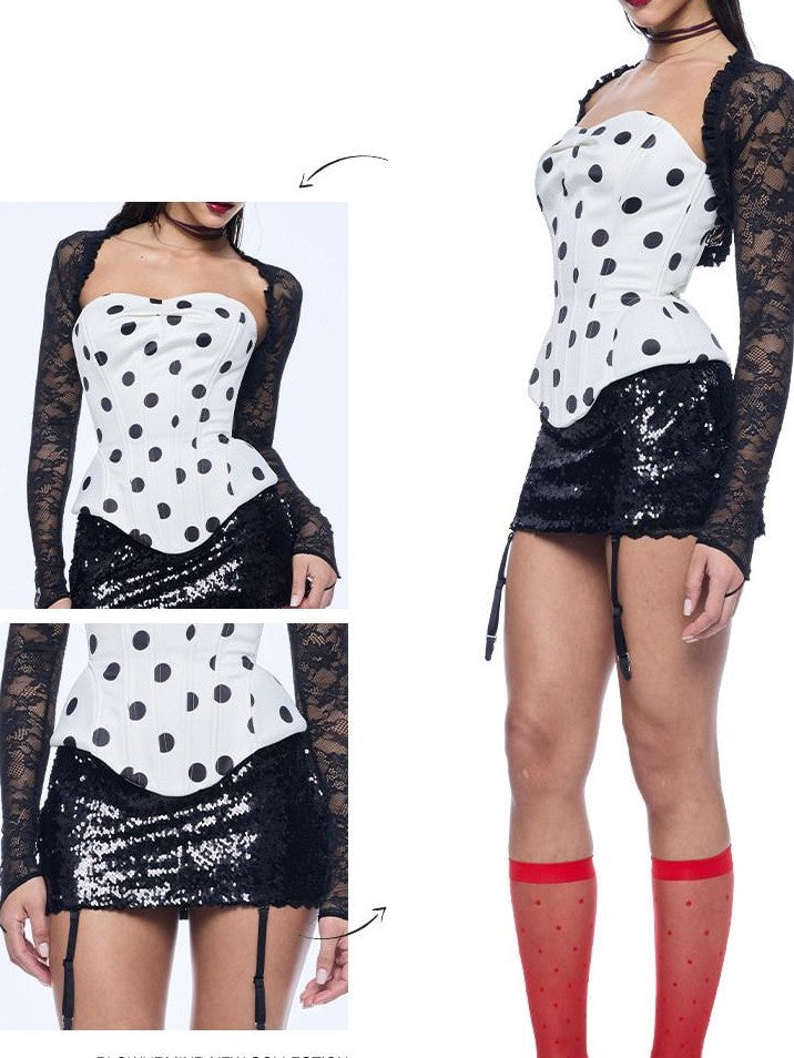 BUM STUDIO Polka Dot Three Layer Shaping Boned Corset Women's Nylon Lace Tube Tops