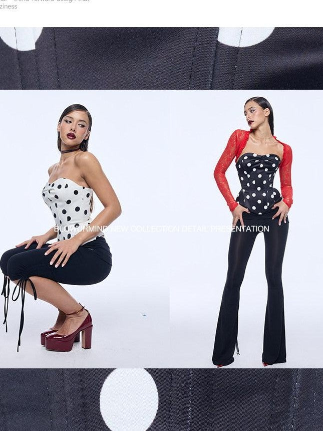 BUM STUDIO Polka Dot Three Layer Shaping Boned Corset Women's Nylon Lace Tube Tops