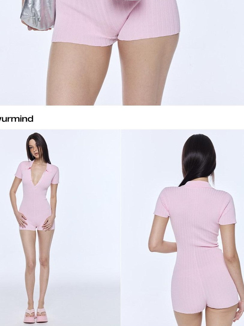 BUM STUDIO Polo Collar Knitted High Waist Straight Women's Nylon Short Sleeve T-shirts
