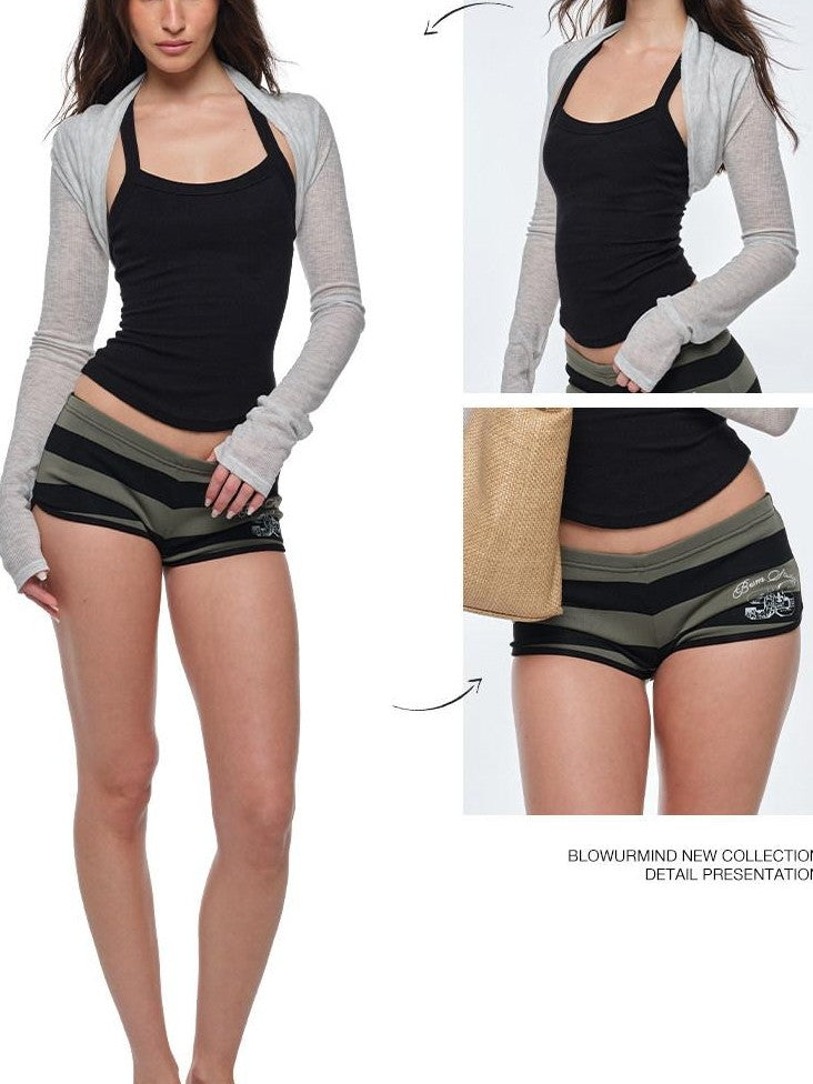 BUM STUDIO Polo Collar Slim Waist Double Layer Hip Women's Cotton Sport Top & Shorts Sets