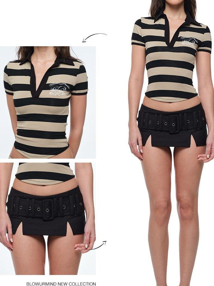 BUM STUDIO Polo Collar Slim Waist Double Layer Hip Women's Cotton Sport Top & Shorts Sets