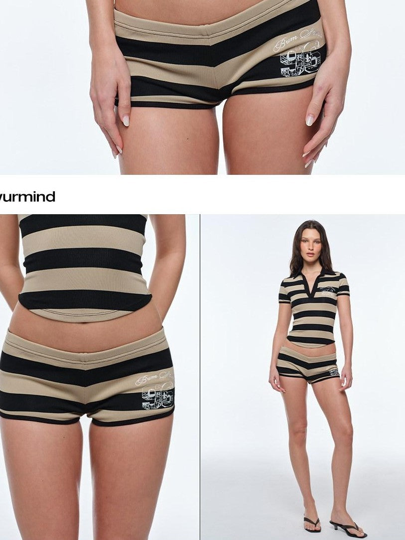BUM STUDIO Polo Collar Slim Waist Double Layer Hip Women's Cotton Sport Top & Shorts Sets