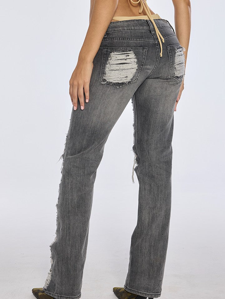 BUM STUDIO Punk Revival Heavy Distressed Low Rise Women's Denim Straight-leg Jeans